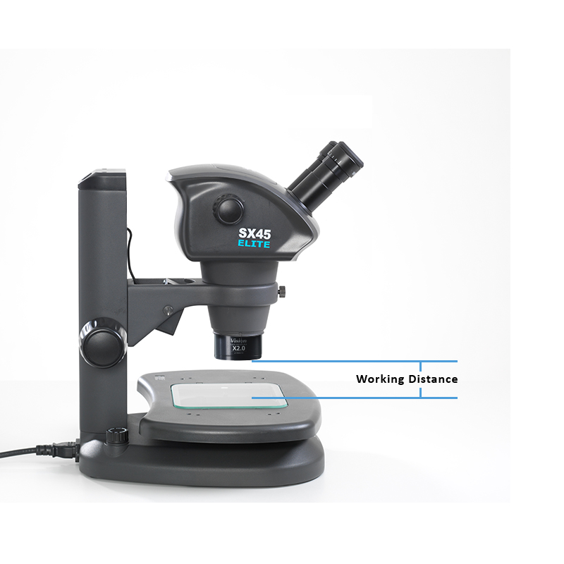 SX45 stereo microscope with lines showing small working distance
