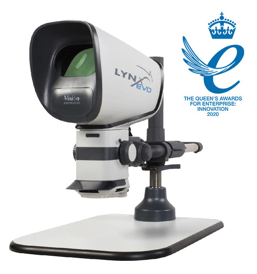 Lynx EVO stereo zoom microscope with The Queens Award for Enterprise 2020 logo