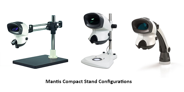 3 configurations of Mantis stereo microscope, with bench stand, Universal stand and with double arm boom