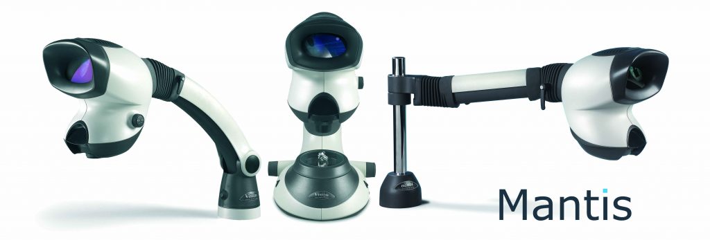 mantis stereo microscope on bench stand, universal arm and articulated arm configurations