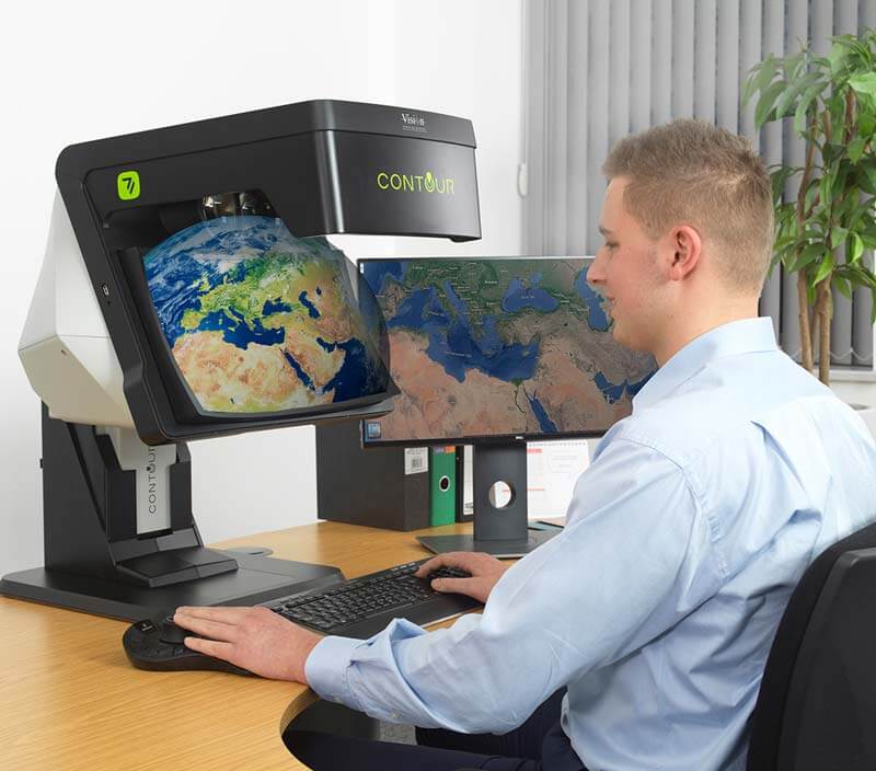 CONTOUR GIS display man viewing globe in 3D