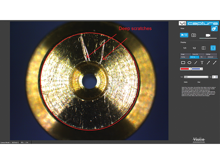 ViCapture software screenshot mechanical part highlighting scratches