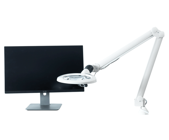 BenchKam camera on industrial LED bench magnifier and monitor