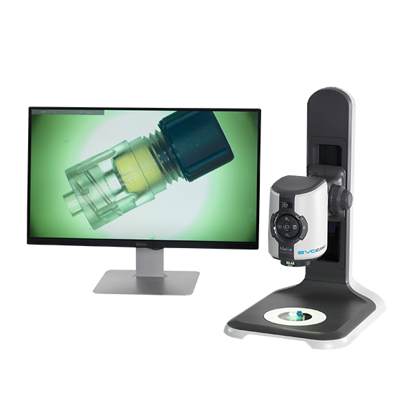 EVO Cam II digital microscope next to monitor showing component inspection