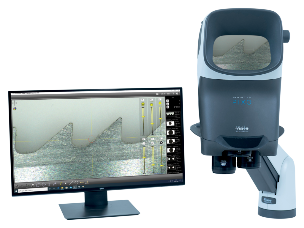 Mantis Elite Cam HD microscope next to monitor with DimensionTwo software