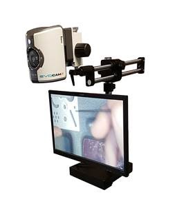EVO Cam II digital microscope on extra long articulated arm mounted above monitor