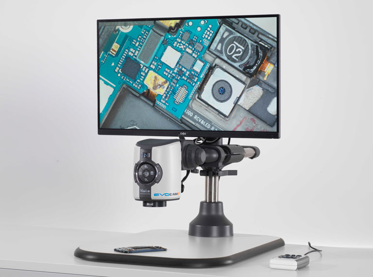 EVO Cam II digital microscope with monitor showing electronics PCB inspection