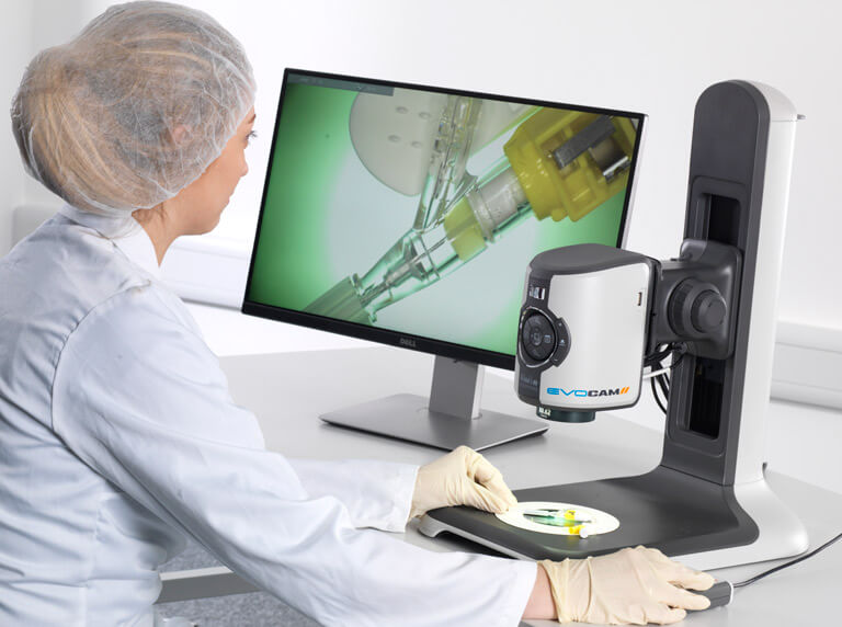 Cather inspection with EVO Cam II digital microscope by operator in clean room