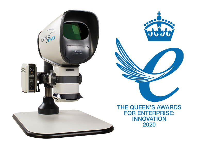 Lynx EVO ergonomic microscope with Queens Award logo