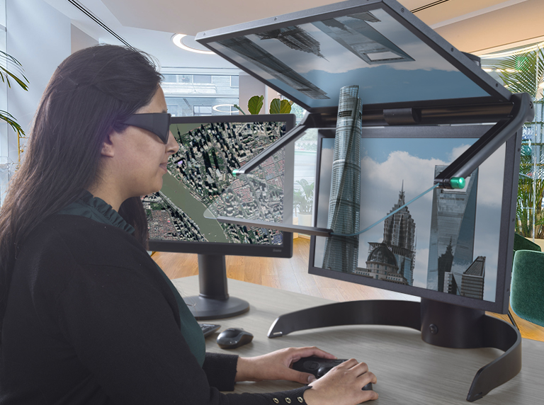 Lady wearing 3D glass looking at buildings in 3D using VECTOUR GIS display