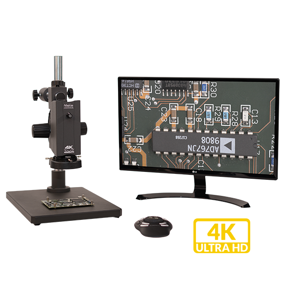 Makrolite 4K digital microscope with monitor showing electronics PCB