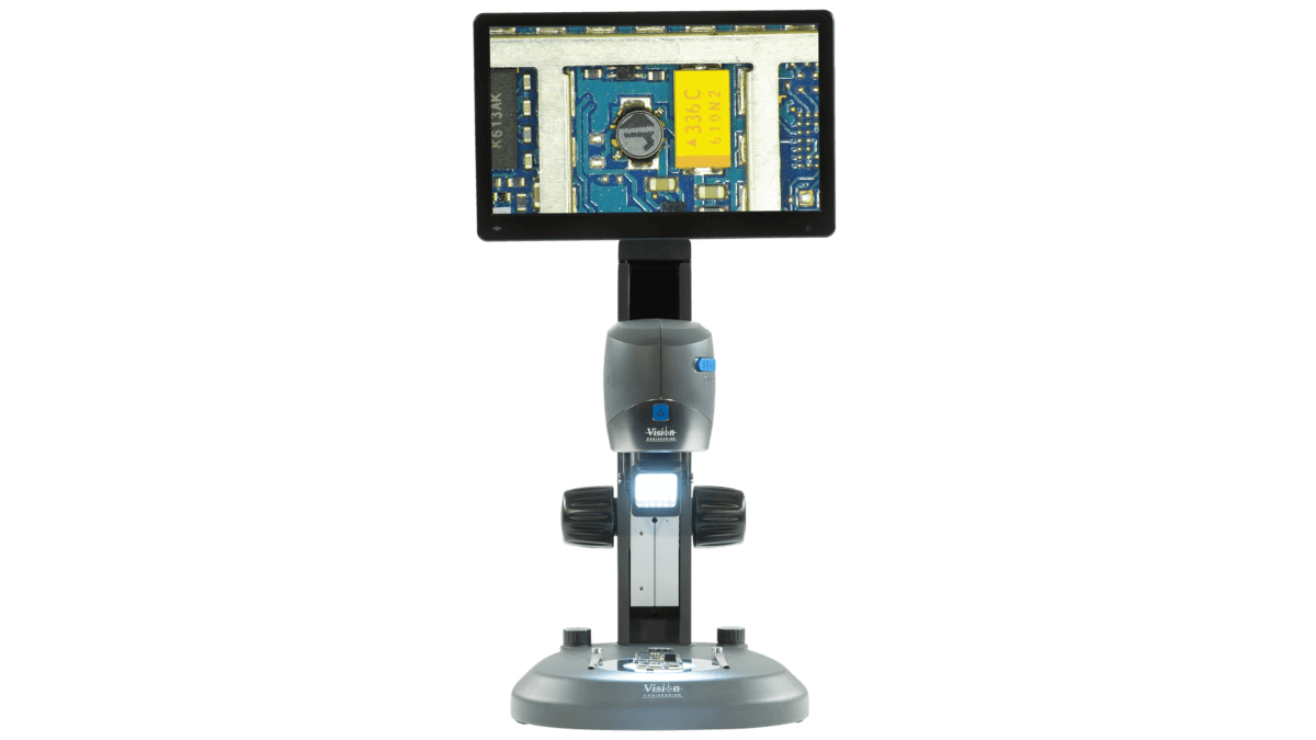 VE Cam compact digital microscope with monitor mounted on bench stand showing pcb