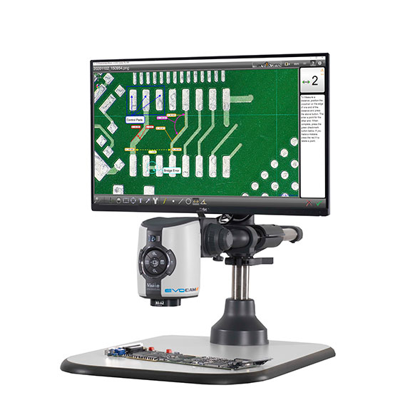 EVO Cam digital microscope with monitor mounted above showing PCB