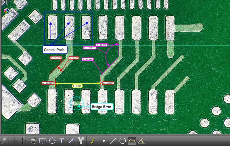 Screen showing PCB and annotation pointing to faults