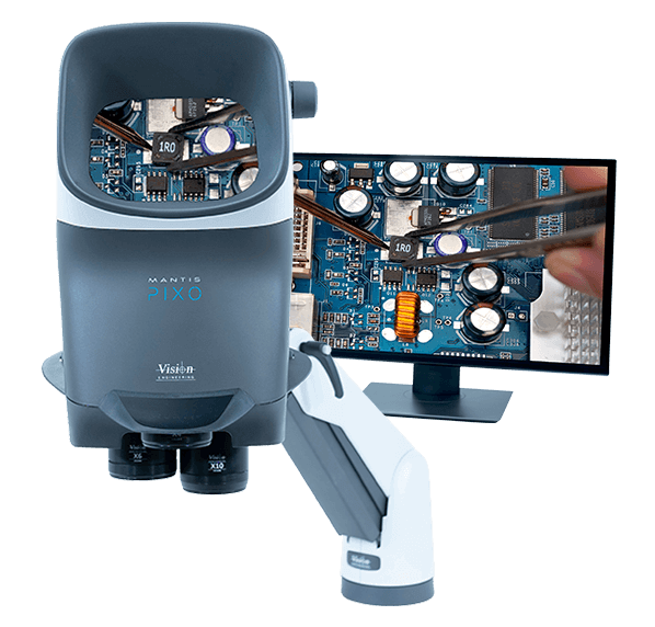 Mantis PIXO stereo microscope showing PCB rework on monitor