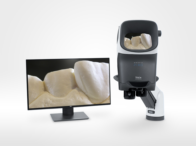 Mantis PIXO on verso stand with dental implant in monitor and veiwer