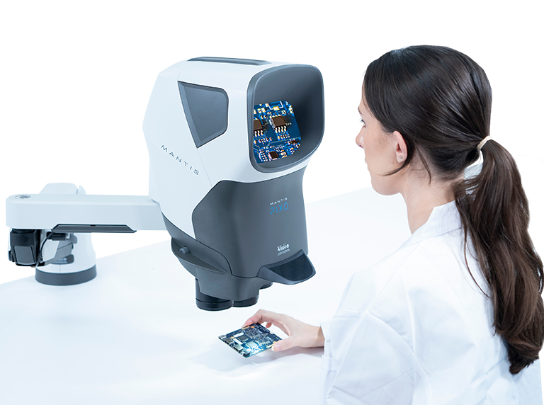 Mantis PIXO microscope woman inspection of PCB