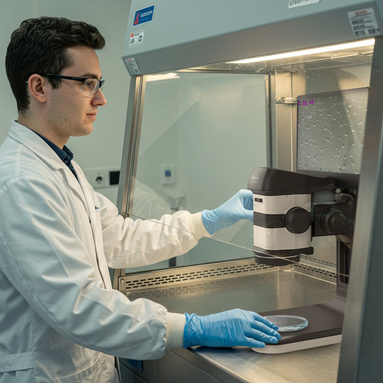 Microscopio estereoscópico digital ProteQ VISO 3D operado por una persona en una cabina de flujo laminar