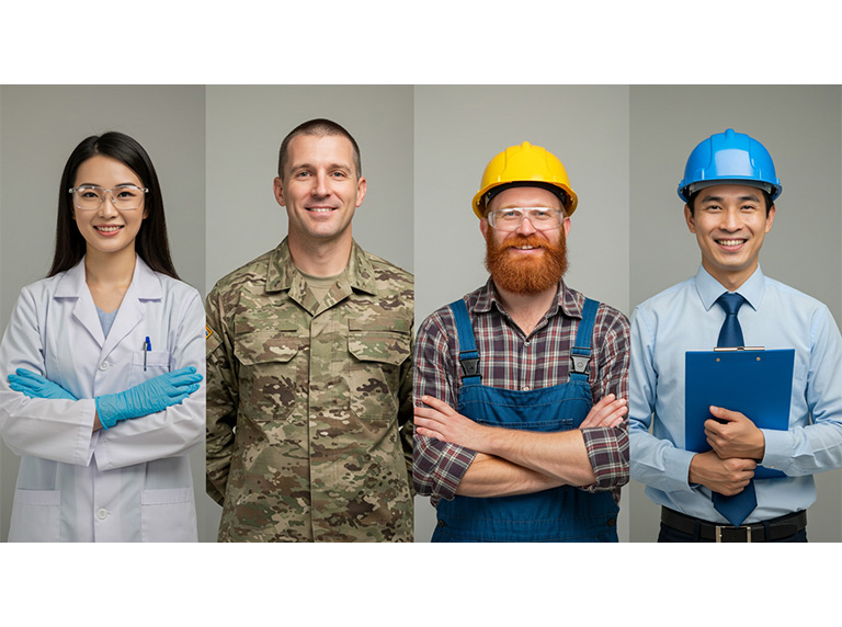 Una foto de 4 personas de diferentes sectores laborales, médico, militar, mano de obra calificada e ingeniería.