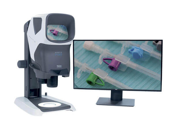 Mantis PIXO stereo microscope displaying catheter on monitor