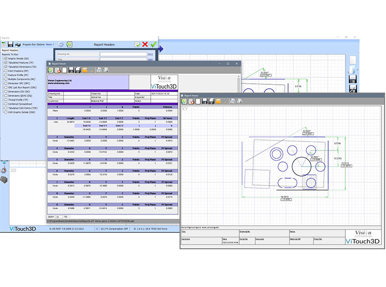 CMM software ViTouch3D showing tabulated and graphical reports