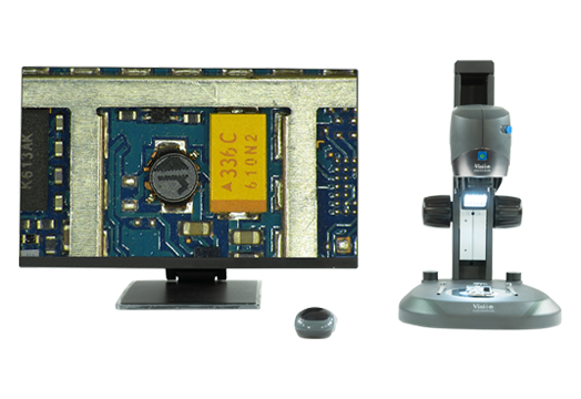 VE Cam 50 digital microscope next to monitor showing electronics board