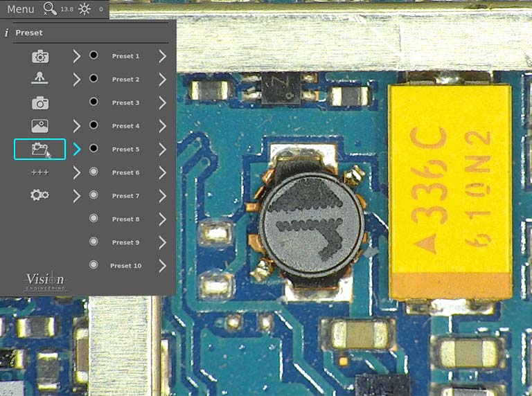 VE Cam digital microscope software showing10 presets